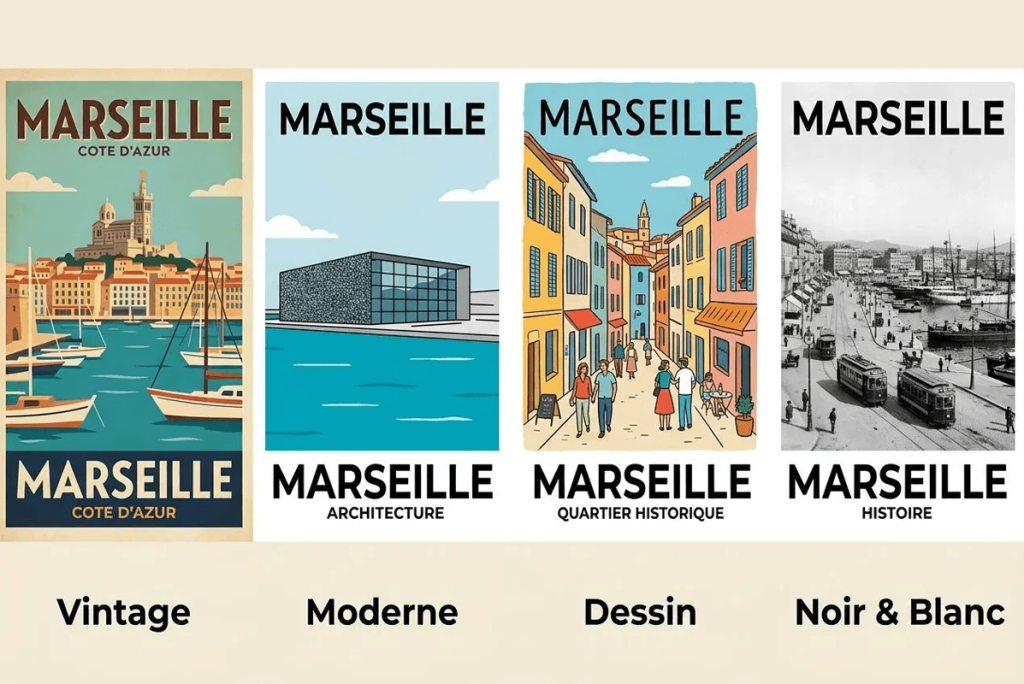 Quels lieux de Marseille ornent les affiches décoratives