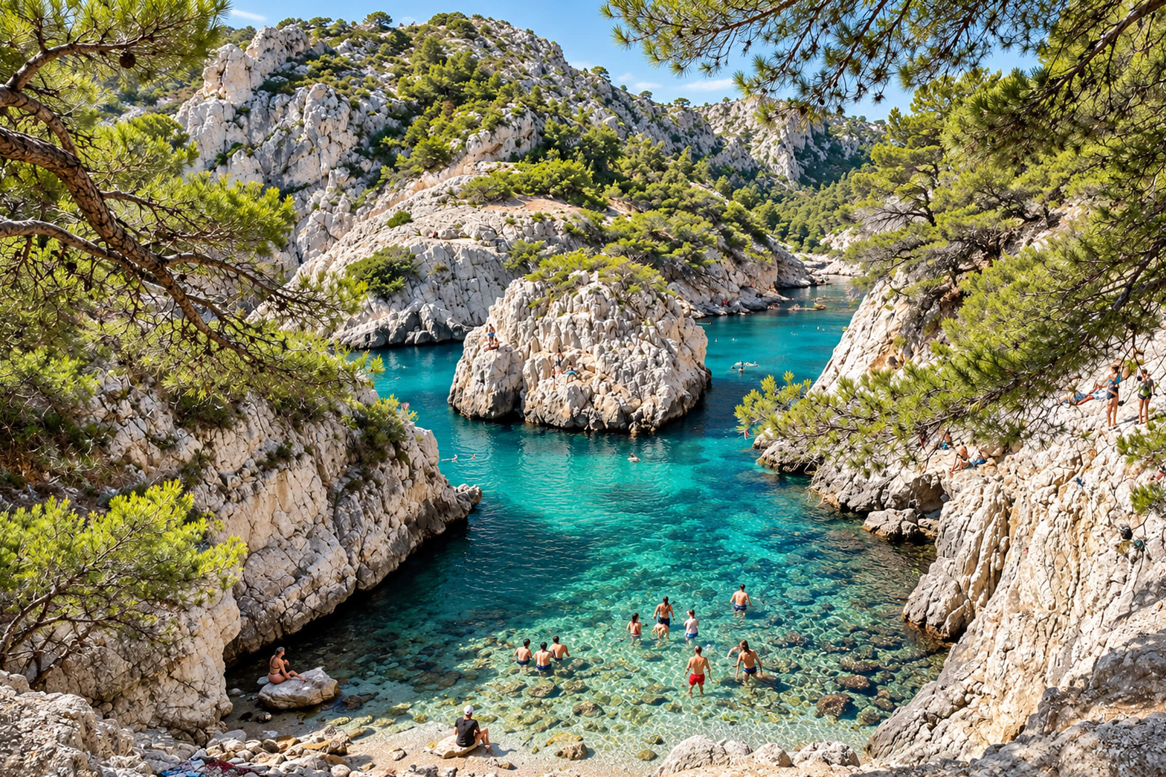 Calanque de Sugiton et le rocher du Torpilleur, baigneurs dans l’eau turquoise entre les pins