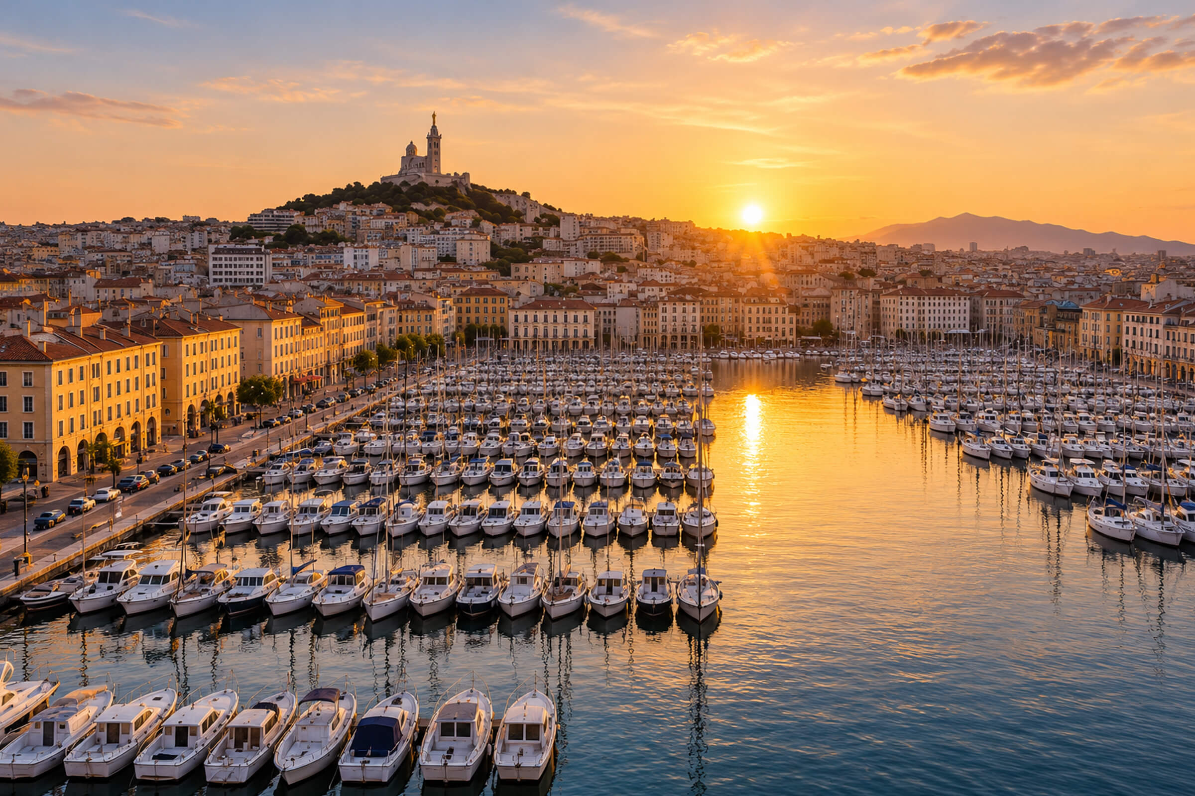 Le Vieux-Port au coucher du soleil, bateaux à quai et Notre-Dame de la Garde sur sa colline