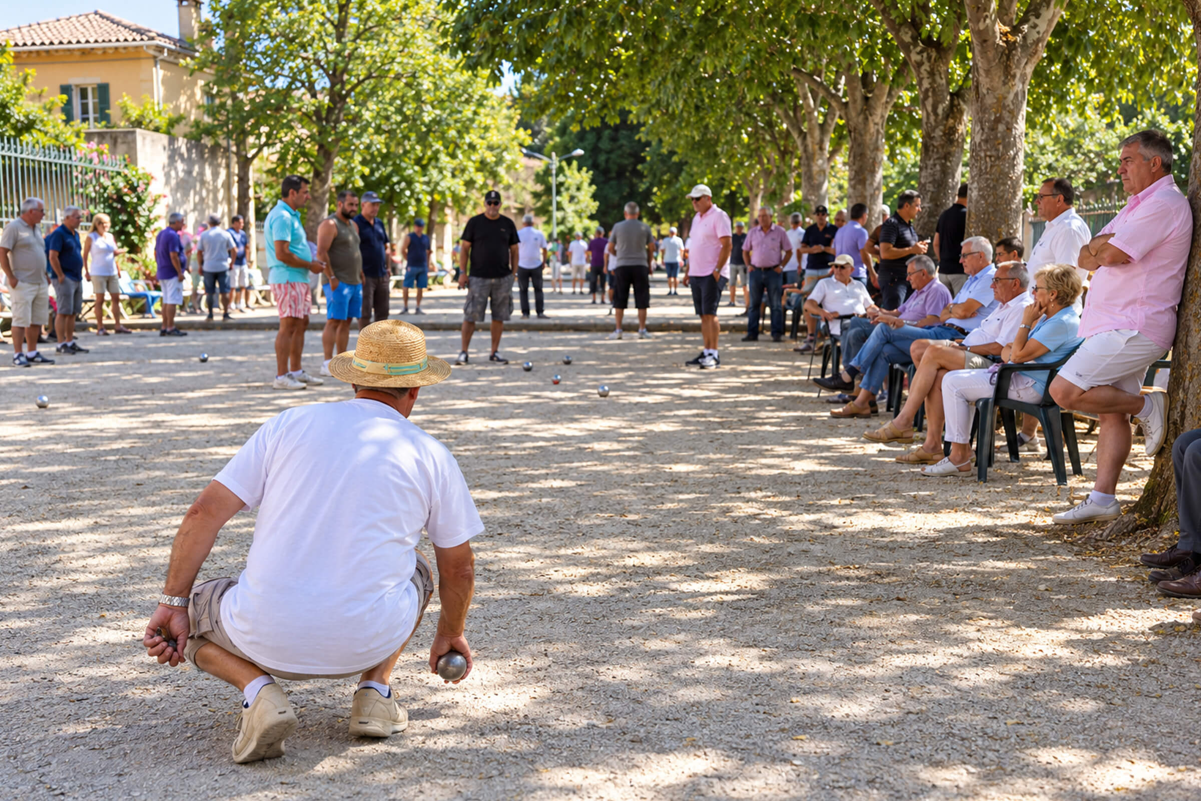 Joueur de pétanque accroupi sous les platanes, spectateurs autour du terrain