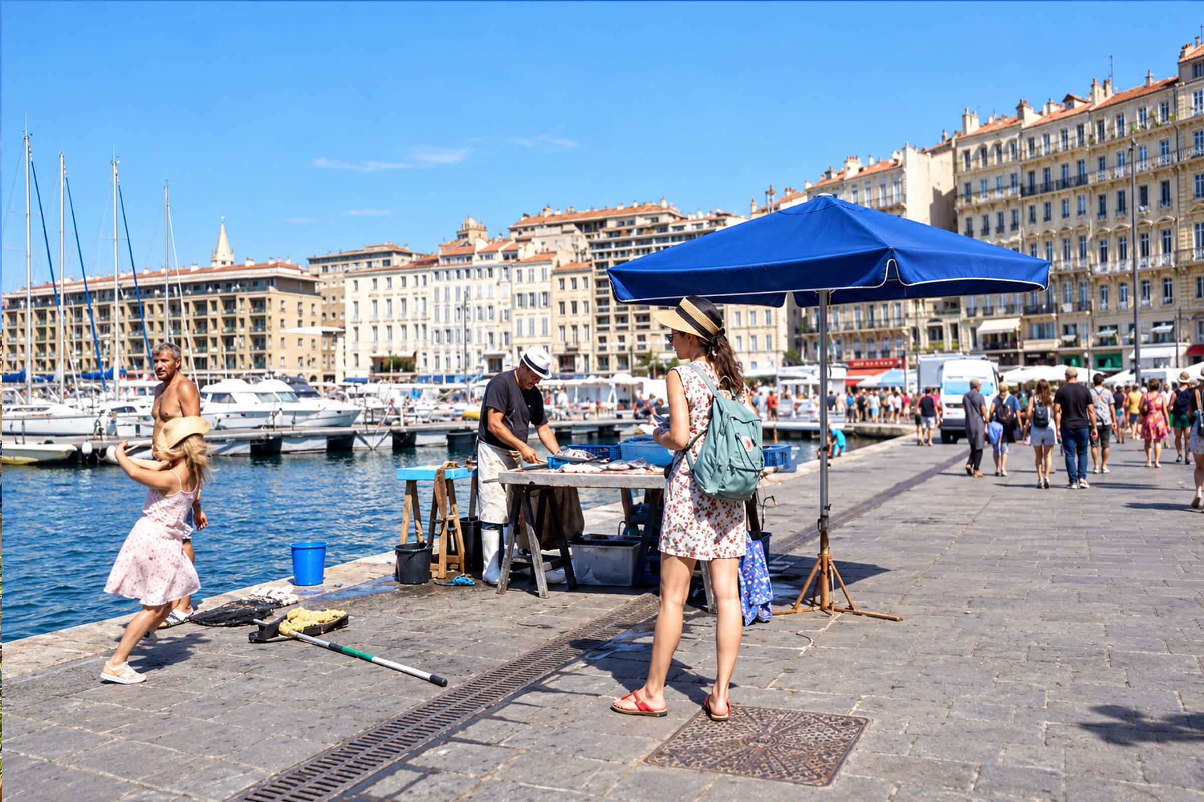 Promeneurs sur le quai du Vieux-Port ensoleillé, entre bateaux et immeubles anciens