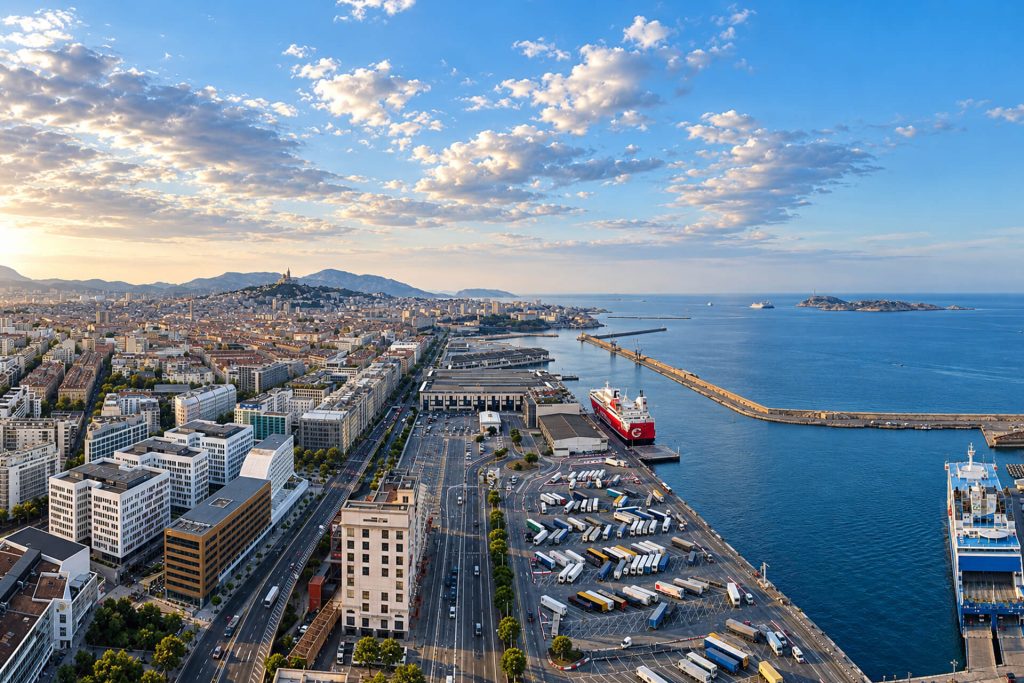 Vue aérienne du port de la Joliette, des quais et du quartier d’affaires Euroméditerranée