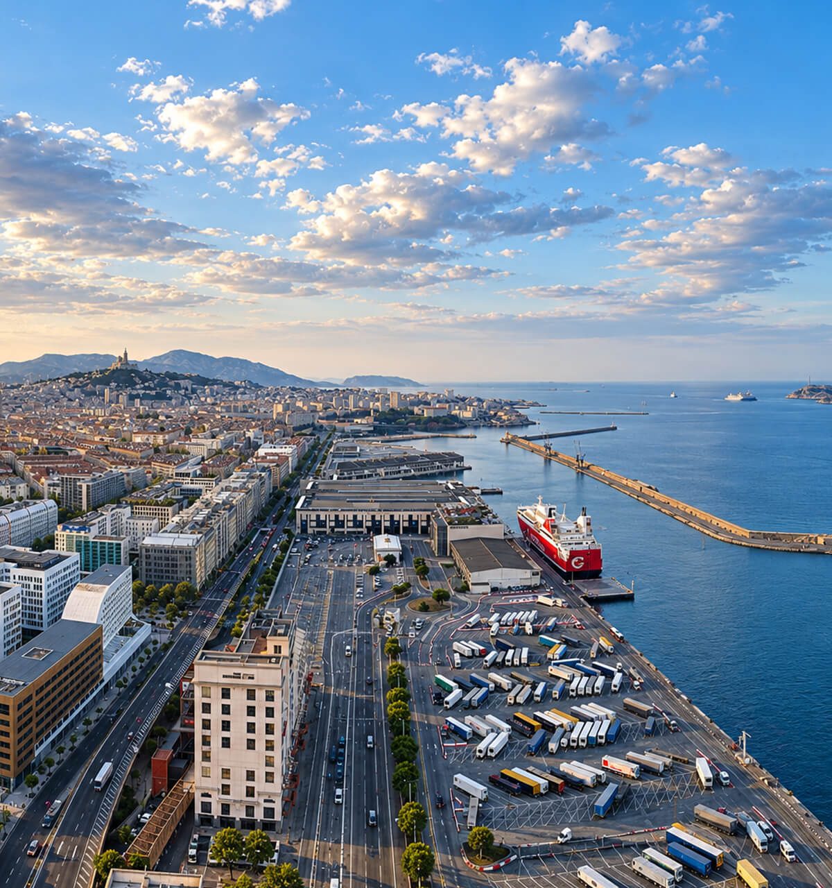 Aerial view of the Joliette port, its quays and the Euroméditerranée business district