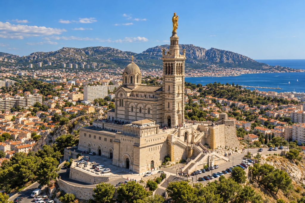 Vue aérienne de Notre-Dame de la Garde sur sa colline, la ville et la mer jusqu’aux calanques