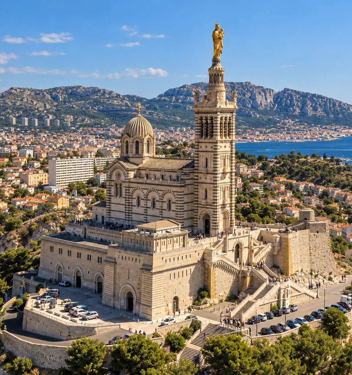 Vue aérienne de Notre-Dame de la Garde sur sa colline, la ville et la mer jusqu’aux calanques