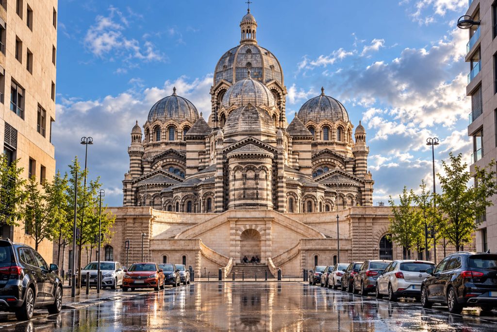 Façade et coupoles de la cathédrale de la Major au bout d’une rue, pavés mouillés