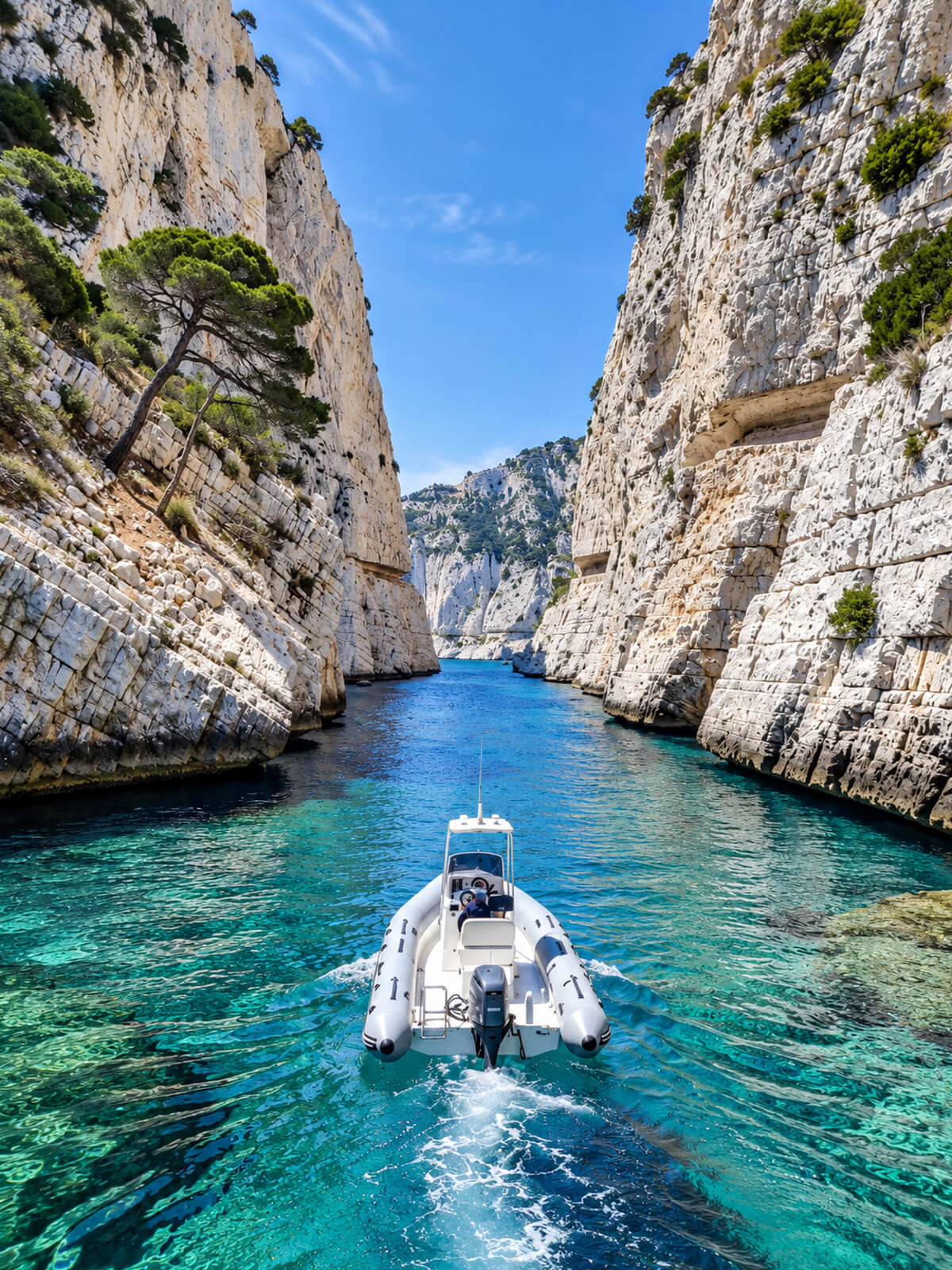Bateau entrant dans la calanque dâEn-Vau, entre deux falaises calcaires verticales