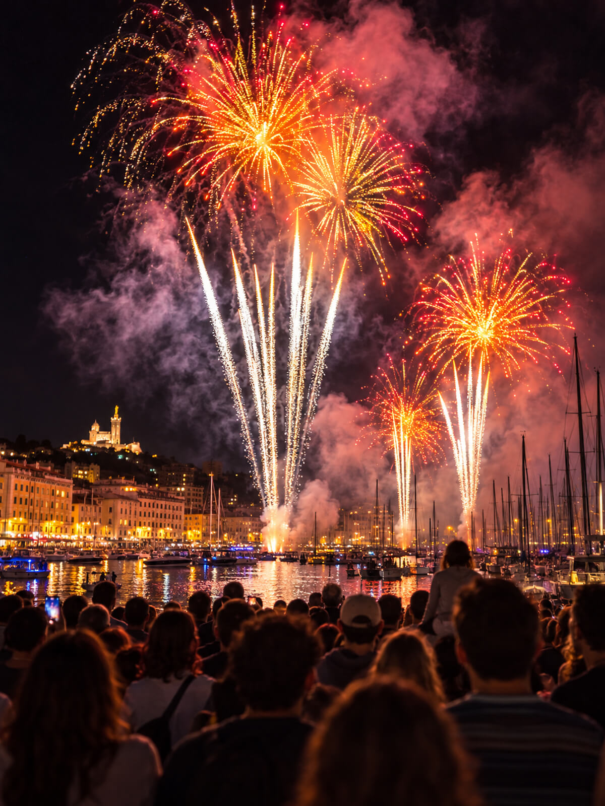 Feu d’artifice du 14 juillet au-dessus du Vieux-Port, foule et Notre-Dame de la Garde illuminée