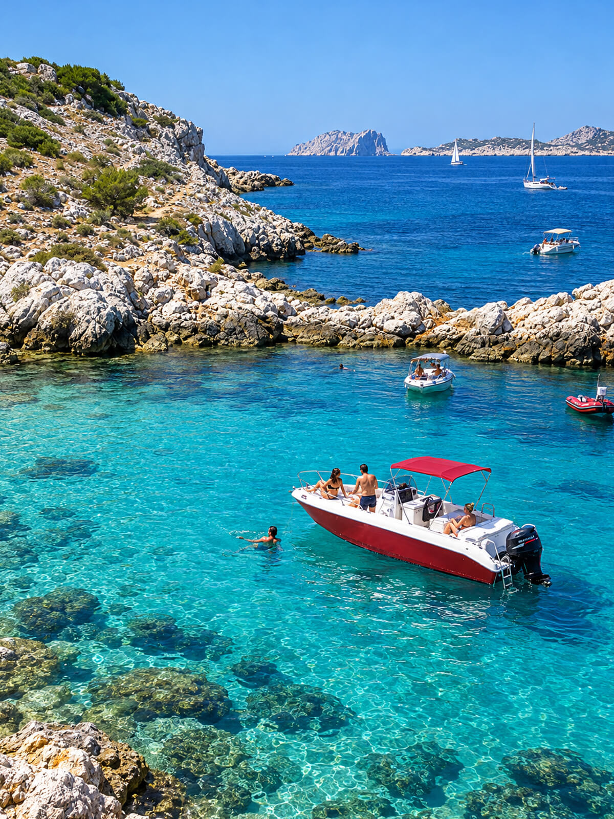 Bateau à moteur dans l’eau turquoise d’une calanque, vu depuis les falaises