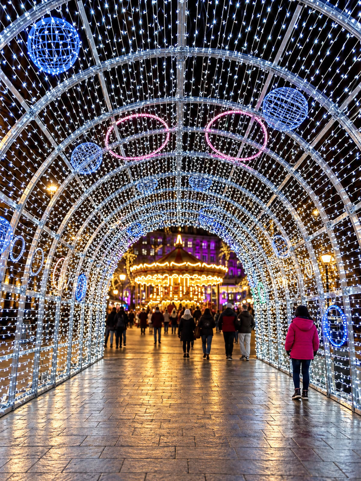 Tunnel de lumières de Noël menant à un manège illuminé, sur le marché de Noël du Vieux-Port