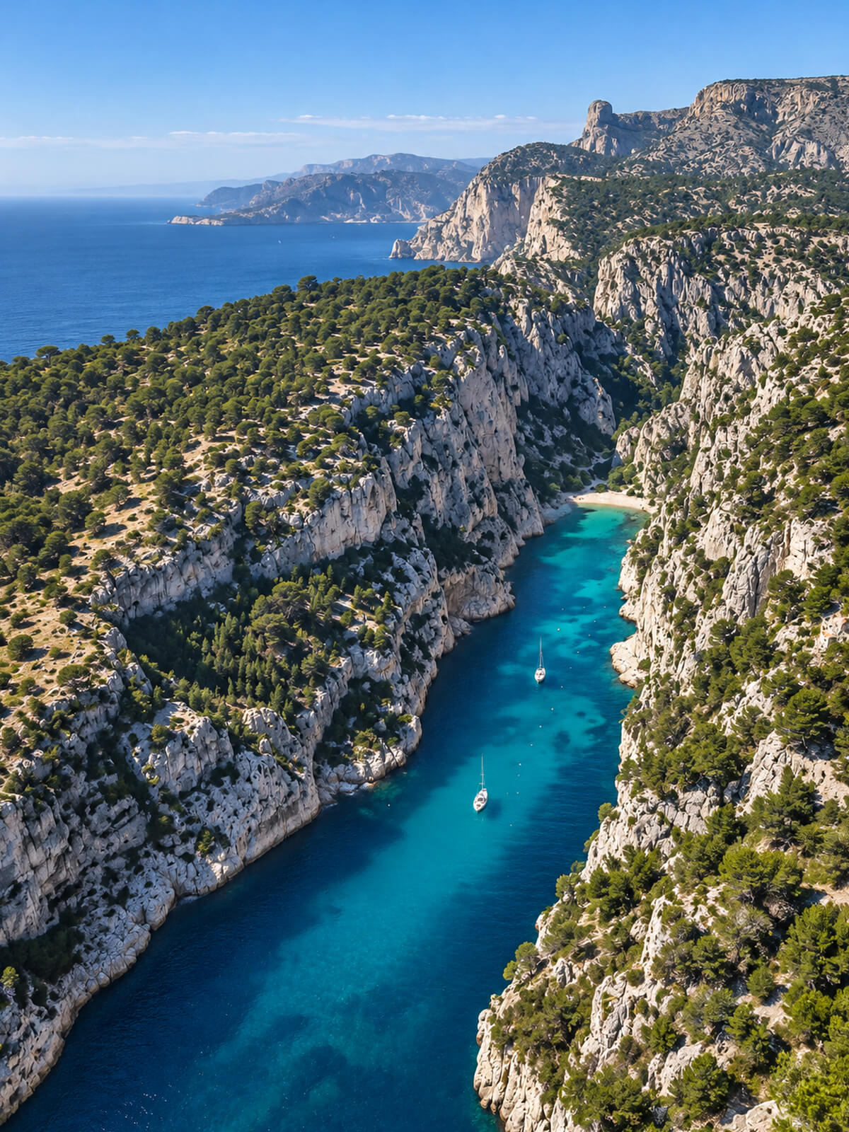 Vue aérienne de la calanque d’En-Vau, étroit bras de mer turquoise entre de hautes falaises