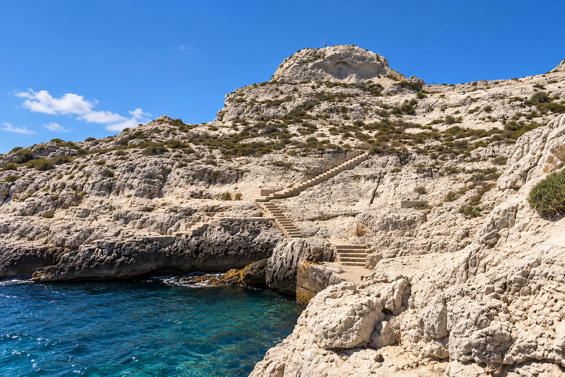 Pointe rocheuse calcaire et escalier taillé dans la roche au cap Caveaux, mer bleue