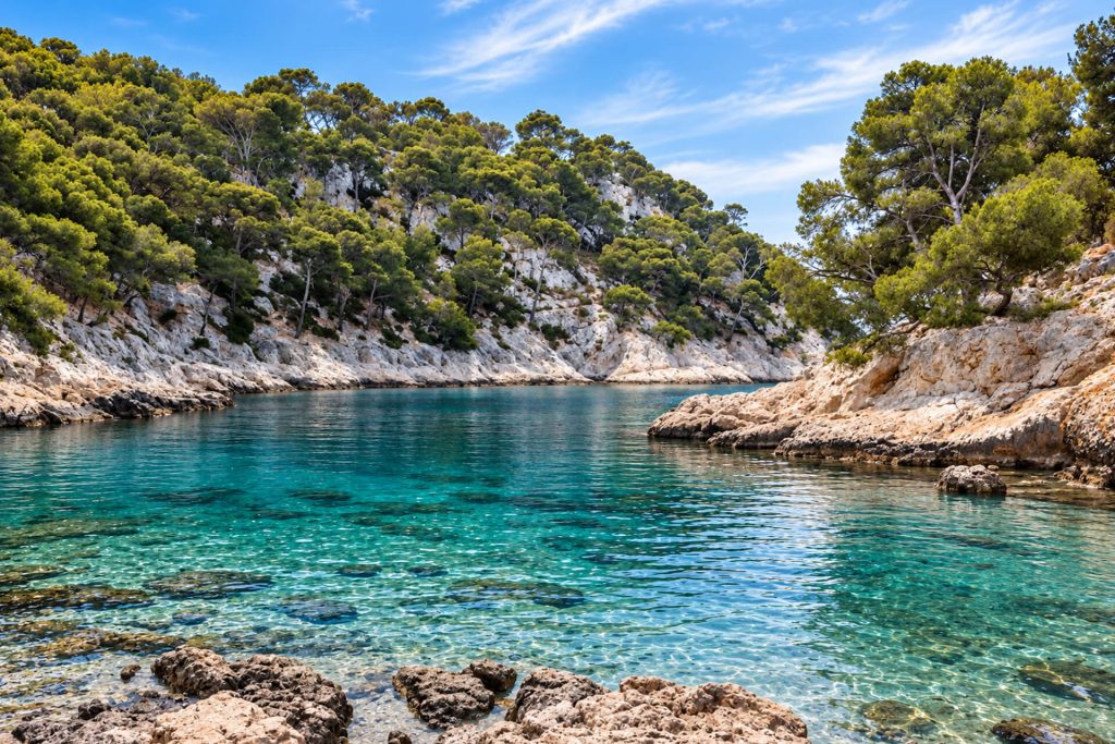 Eau cristalline de la calanque de Port-Pin entre les rochers et les pins