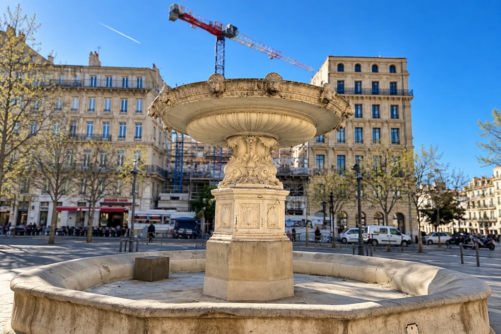 La fontaine Coste et sa vasque sculptée sur la place de la Joliette, immeubles haussmanniens