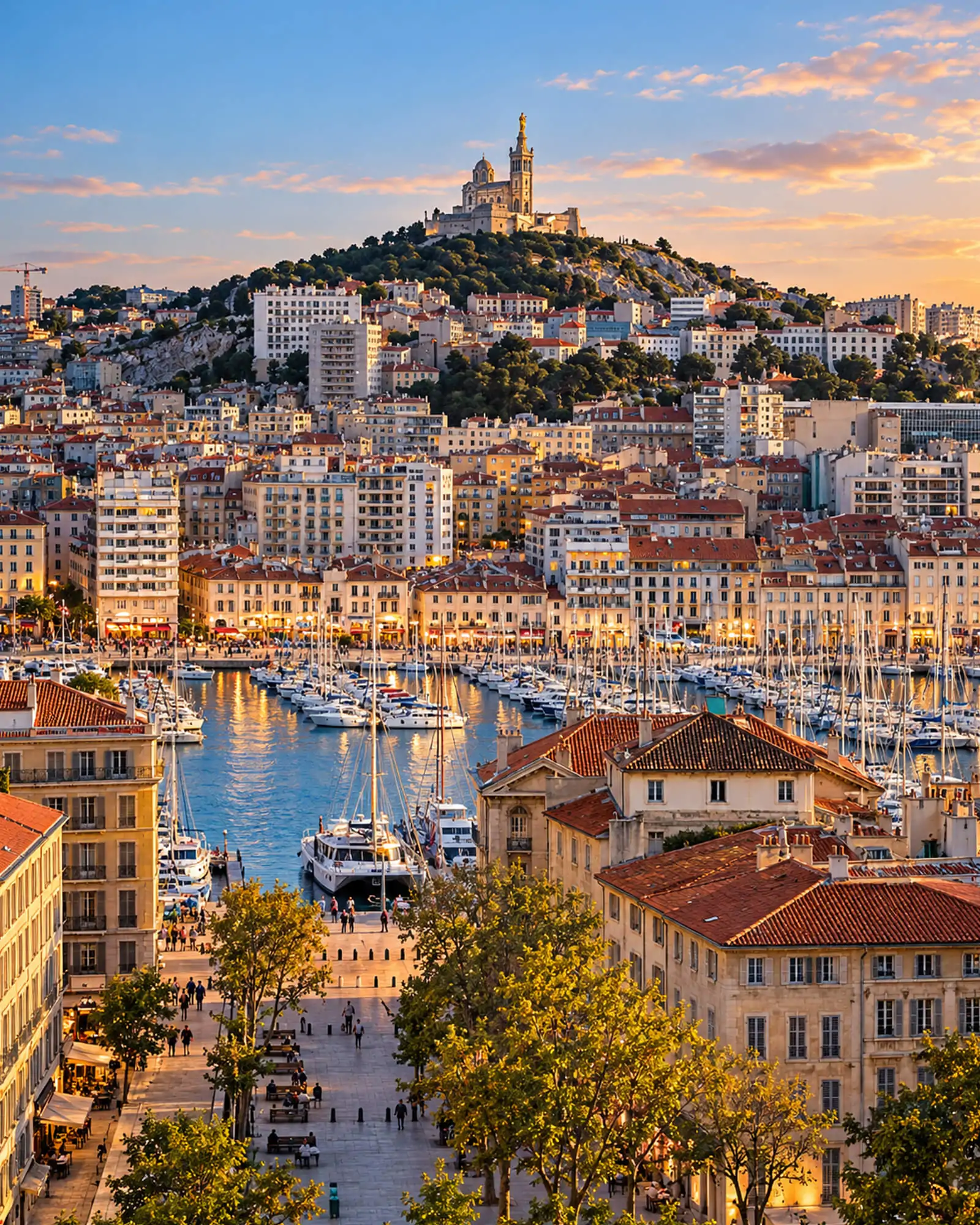 Le Vieux-Port et Notre-Dame de la Garde vus des toits, lumiĂšre dorĂ©e dâautomne