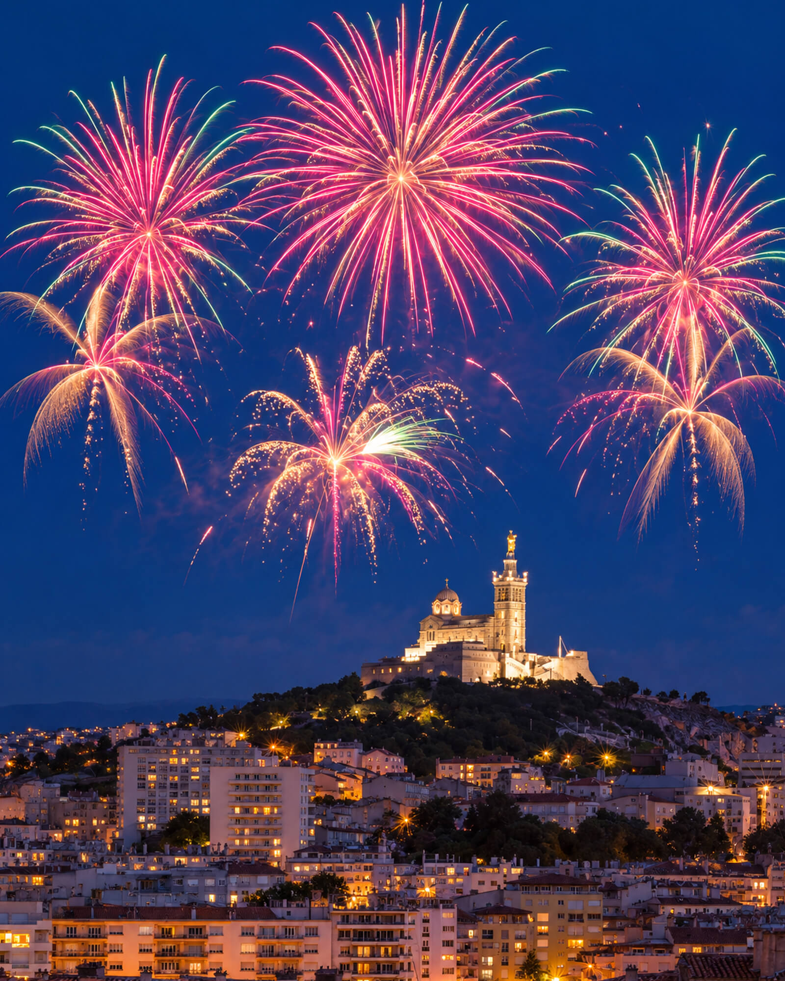 Feu d’artifice au-dessus de Notre-Dame de la Garde illuminée, la nuit à Marseille