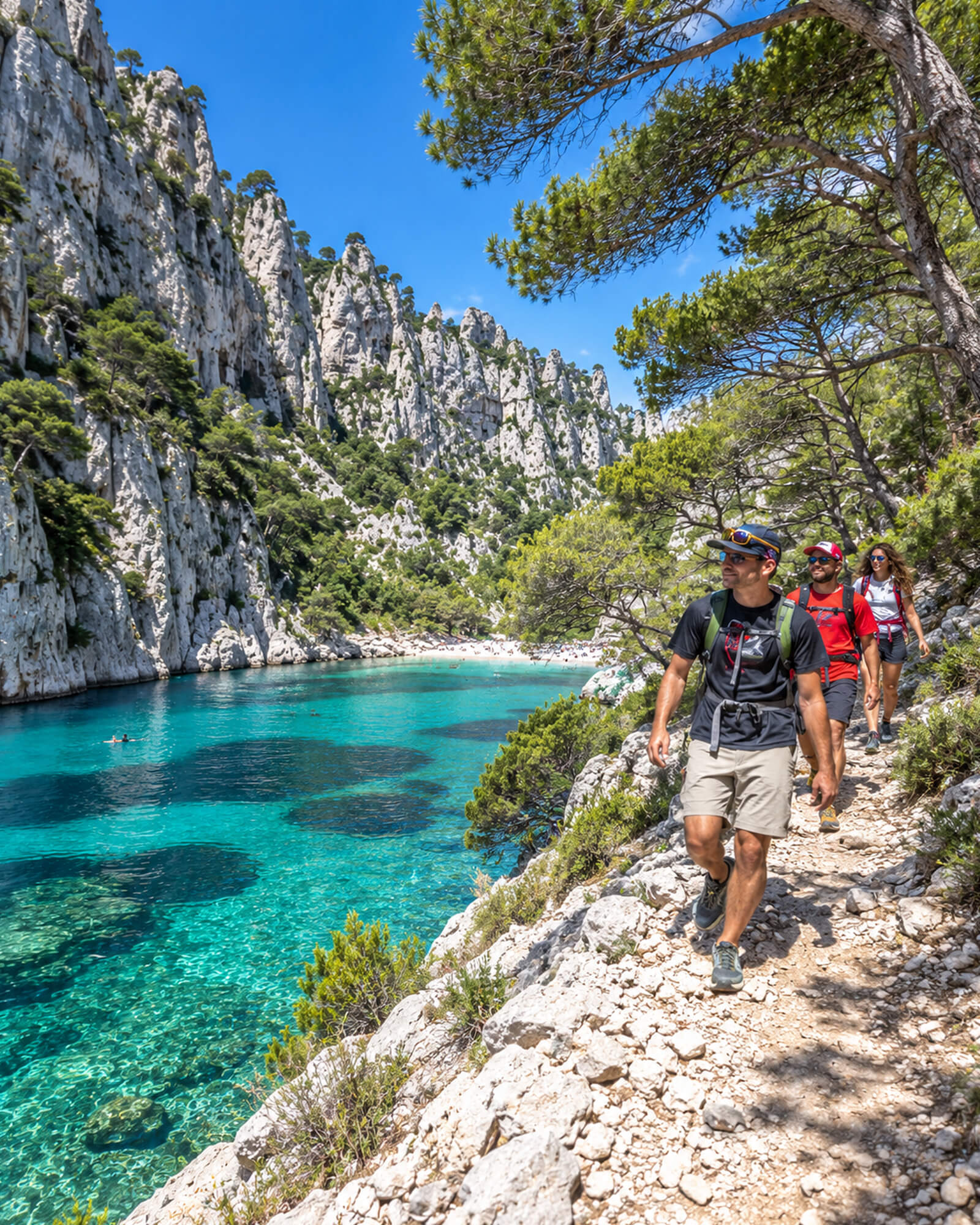 Randonneurs sur un sentier des calanques au-dessus d’une eau turquoise, entre pins et falaises