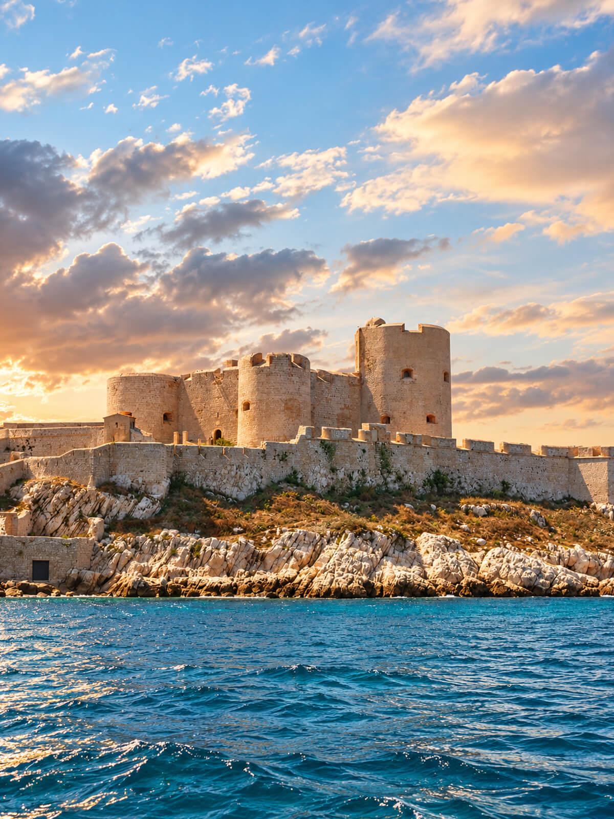 Le chĂąteau dâIf sur son Ăźle au coucher du soleil, au large de Marseille