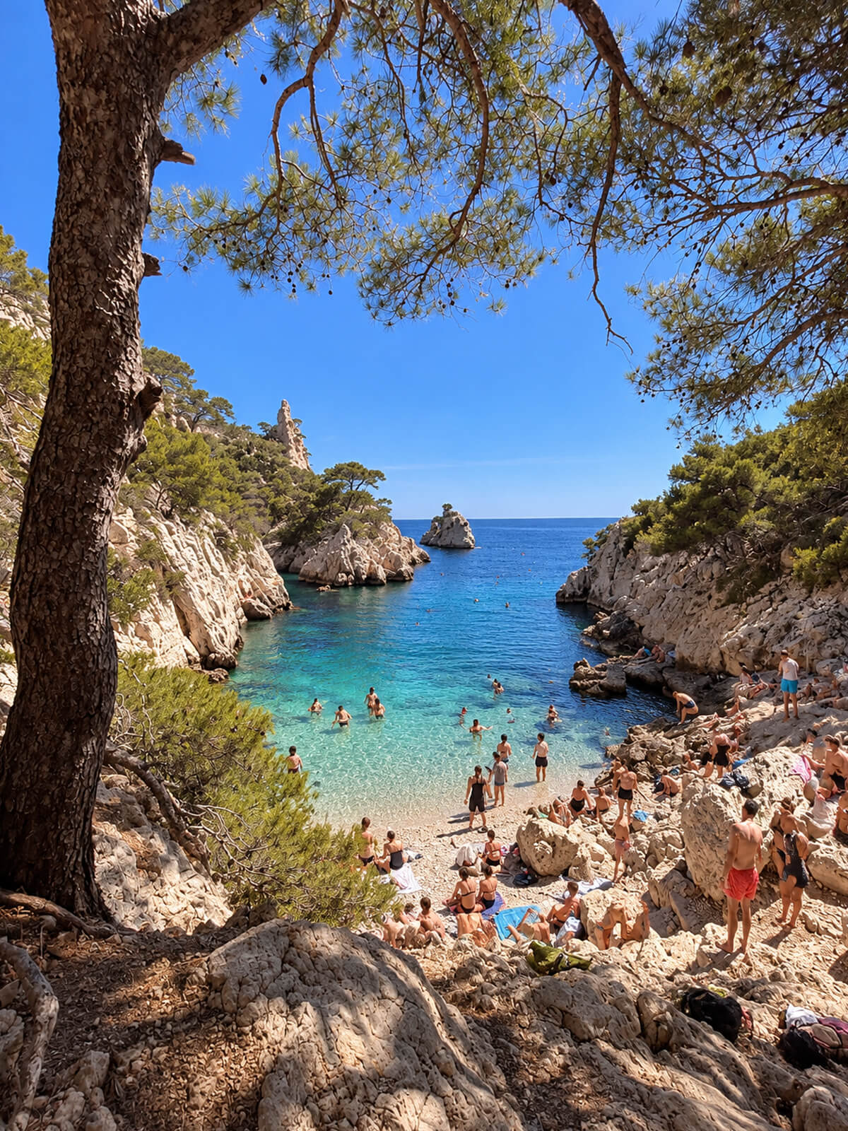 Calanque aux eaux turquoises vue Ă travers les pins, baigneurs sur les galets