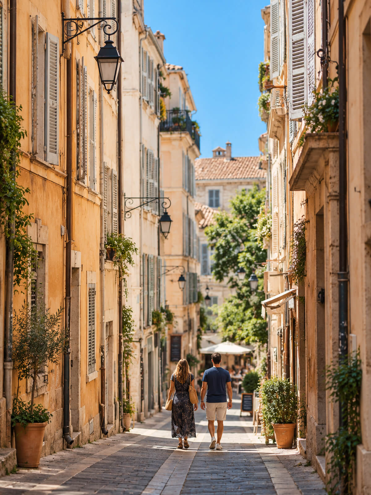 Ruelle étroite du Panier entre façades ocre, lanternes et volets colorés