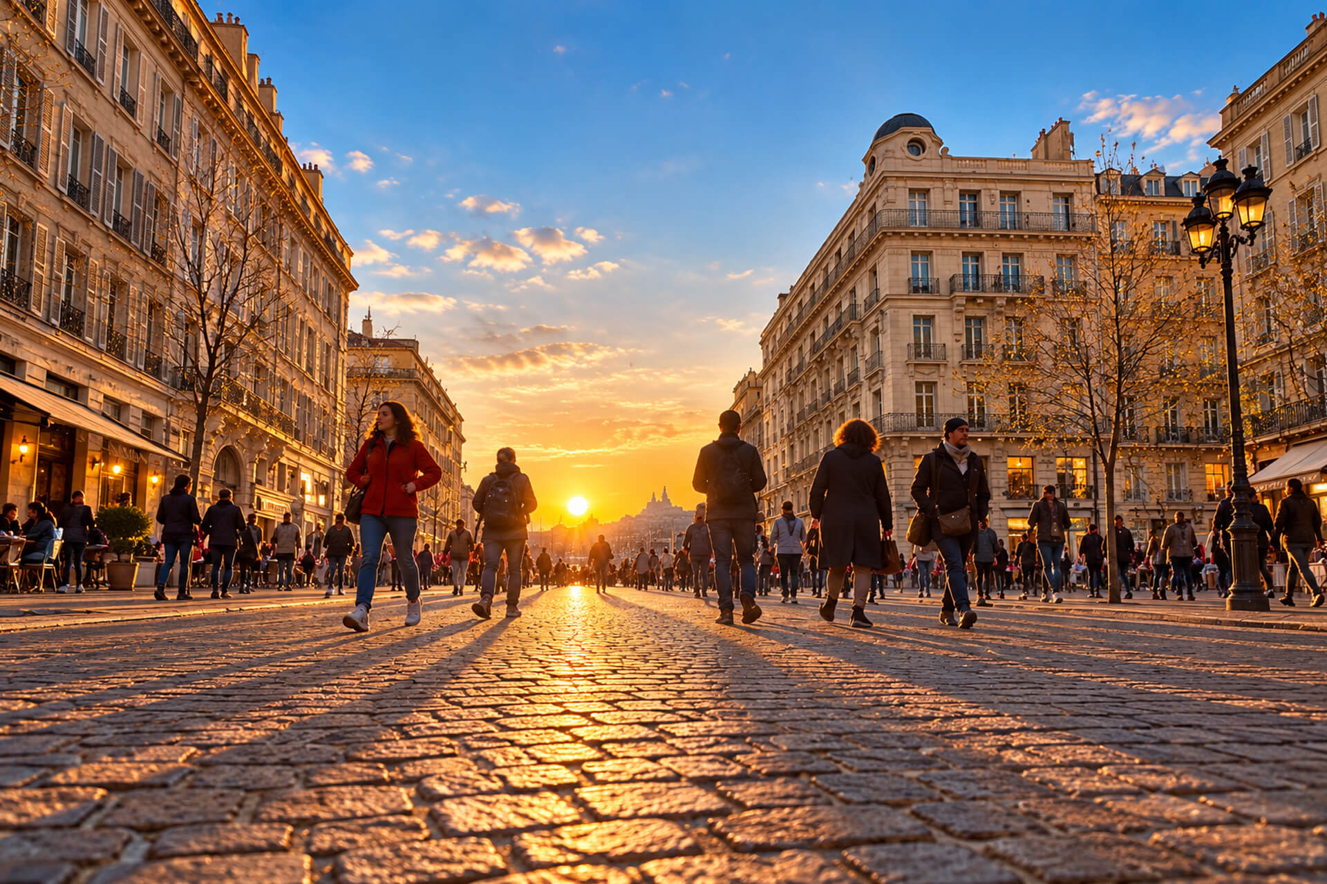 La Canebière au coucher du soleil, piétons sur les pavés entre les immeubles haussmanniens