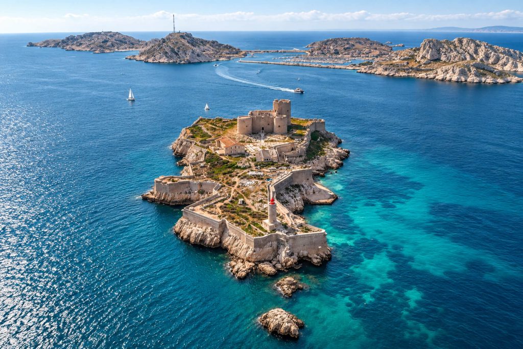 Vue aérienne du château d’If sur son île, les îles de Pomègues et Ratonneau derrière
