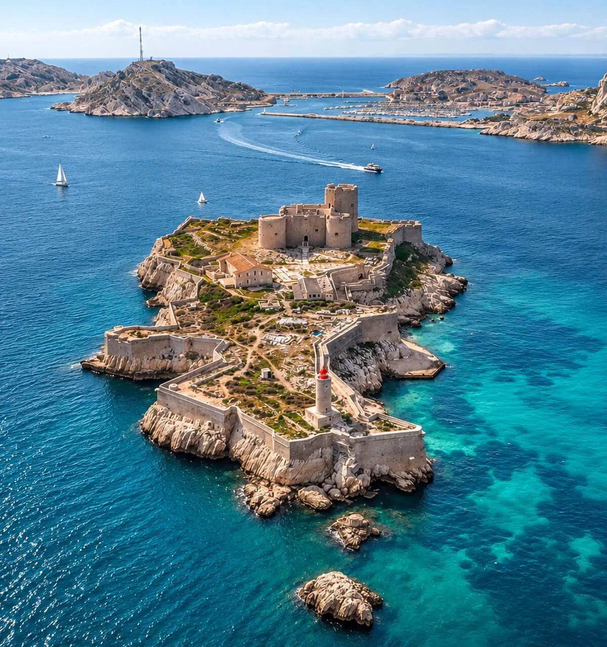 Vue aérienne du château d’If sur son île, les îles de Pomègues et Ratonneau derrière