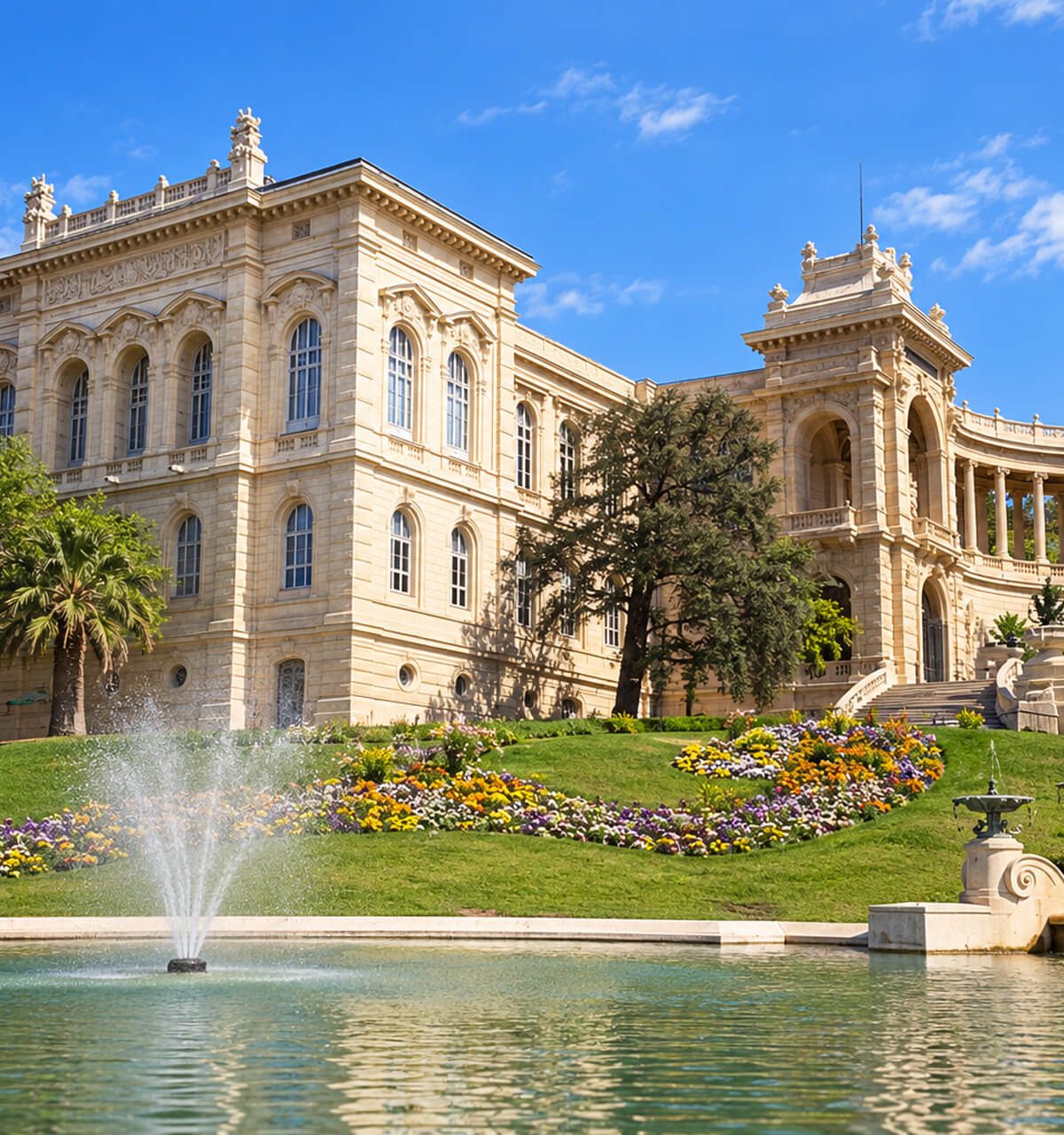 Aile du palais Longchamp, bassin et jet d’eau dans les jardins fleuris
