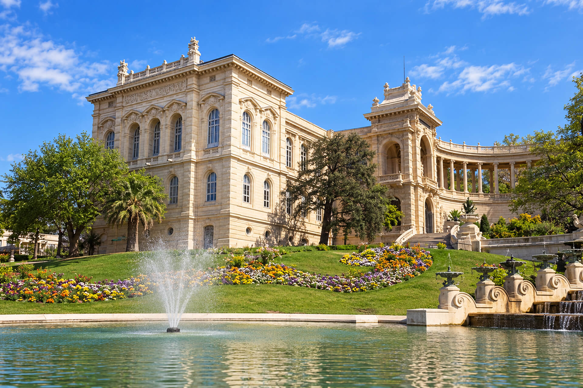 Aile du palais Longchamp, bassin et jet d’eau dans les jardins fleuris