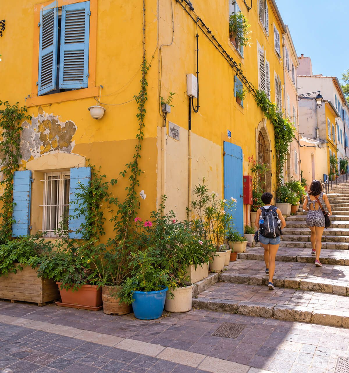 Escalier fleuri du Panier entre une façade jaune et des volets bleus, promeneurs