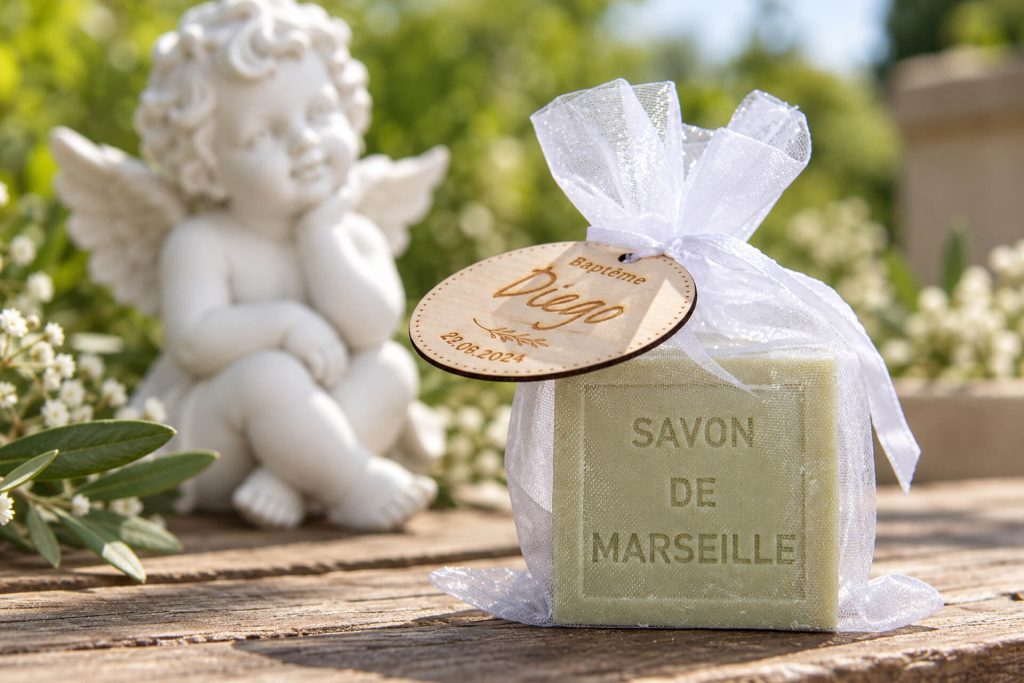 Cube de savon de Marseille emballé dans un sachet en organza, statue d’angelot en arrière-plan