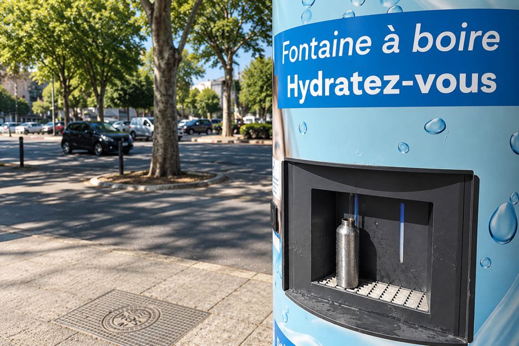Fontaine à boire « Hydratez-vous » sur un trottoir ombragé de Marseille