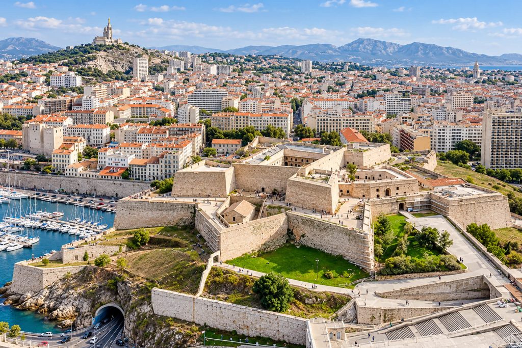 Vue aérienne du fort Saint-Nicolas au-dessus de l’entrée du Vieux-Port, Notre-Dame au fond