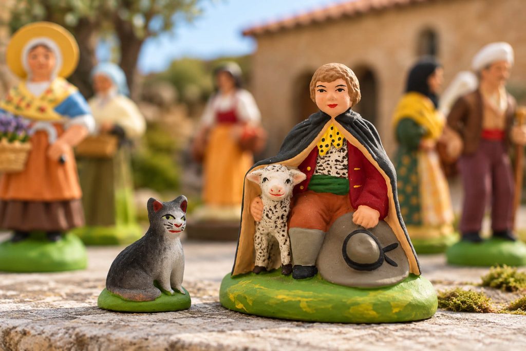 Santons de Provence : berger tenant un agneau, chat et villageois en costume