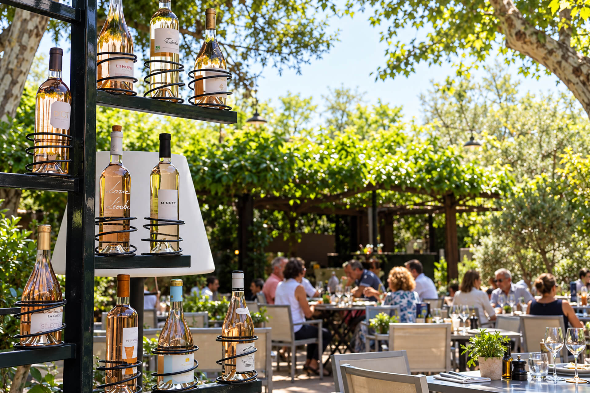 Bouteilles de rosé de Provence sur un présentoir, terrasse de restaurant sous la treille