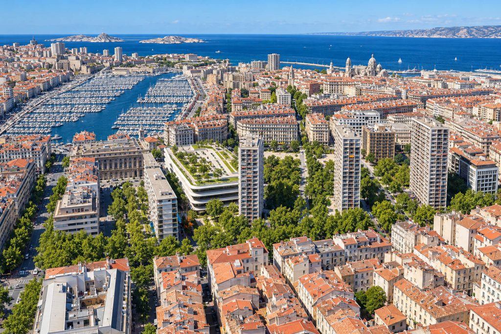 Vue aérienne du centre de Marseille et du Vieux-Port, toits végétalisés et tours