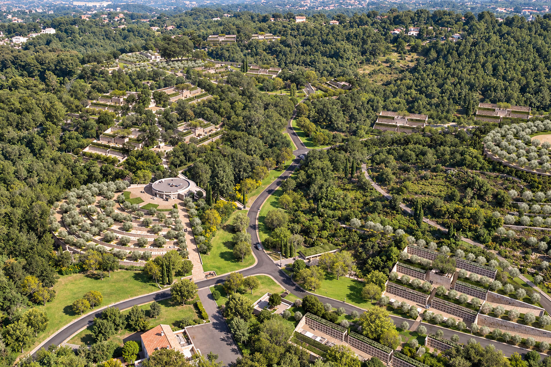 Vue aérienne de la nécropole des Vaudrans, terrasses et allées parmi les pins
