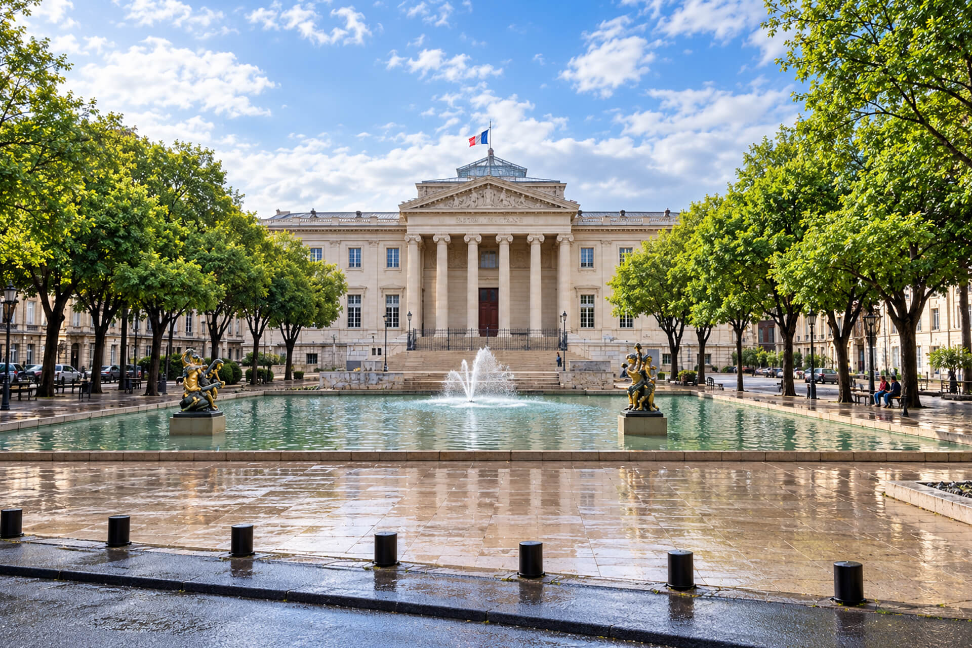 Façade néoclassique du palais de justice et son bassin, place Monthyon
