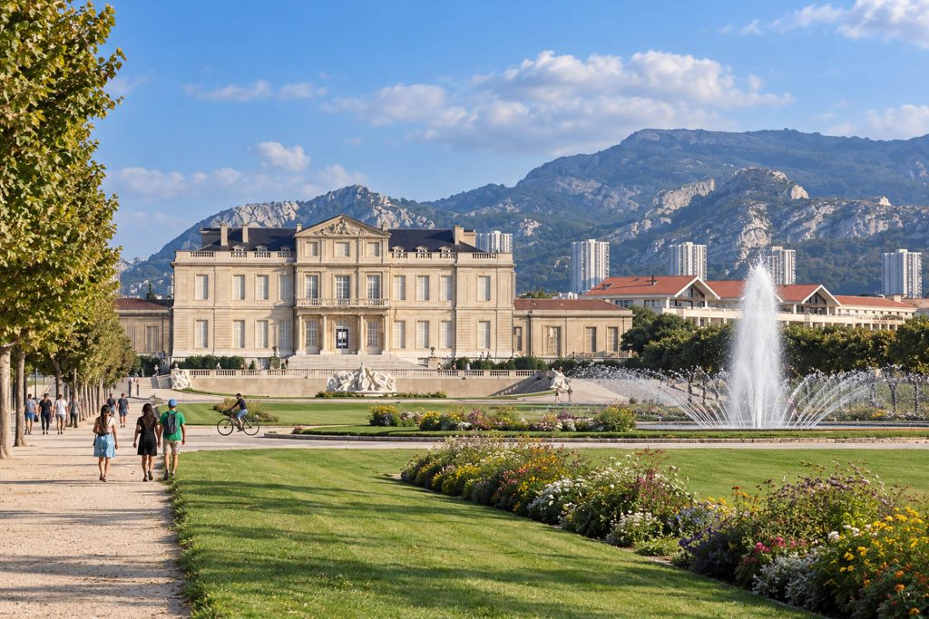 Le château Borély, son grand jet d’eau et ses parterres, promeneurs dans l’allée