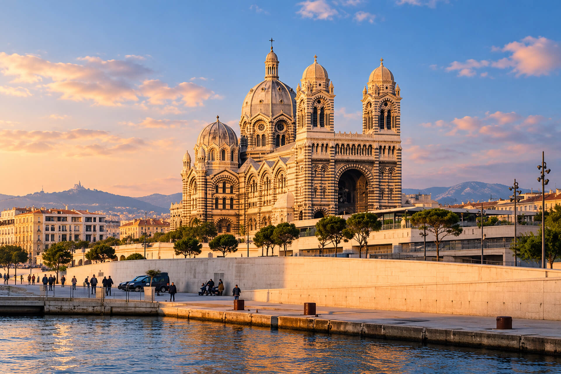 La cathédrale de la Major au coucher du soleil, vue depuis les quais de la Joliette