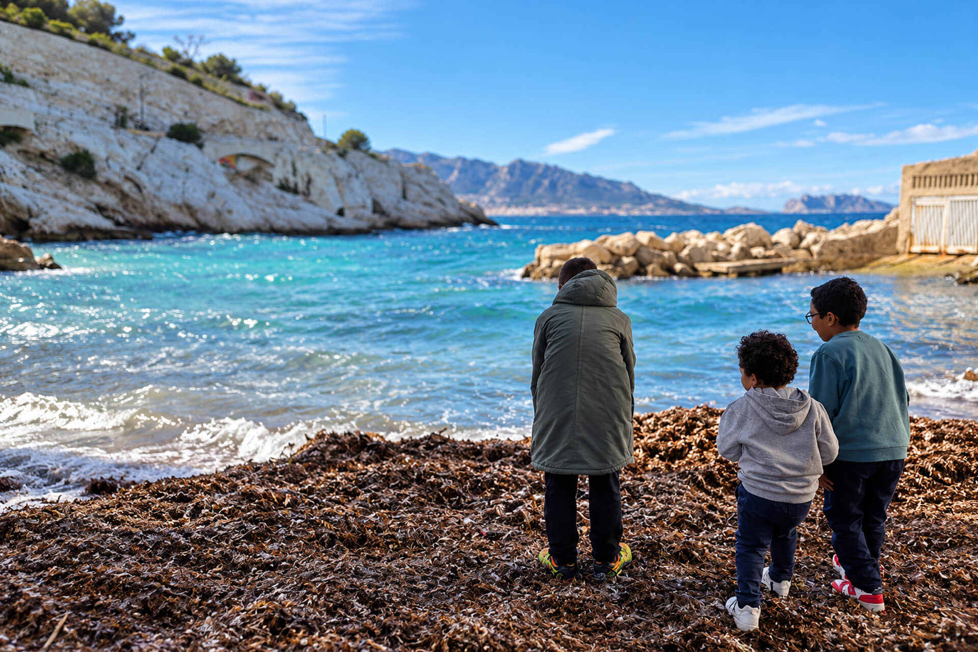 Famille sur une plage de posidonies face à la mer, côte rocheuse en automne