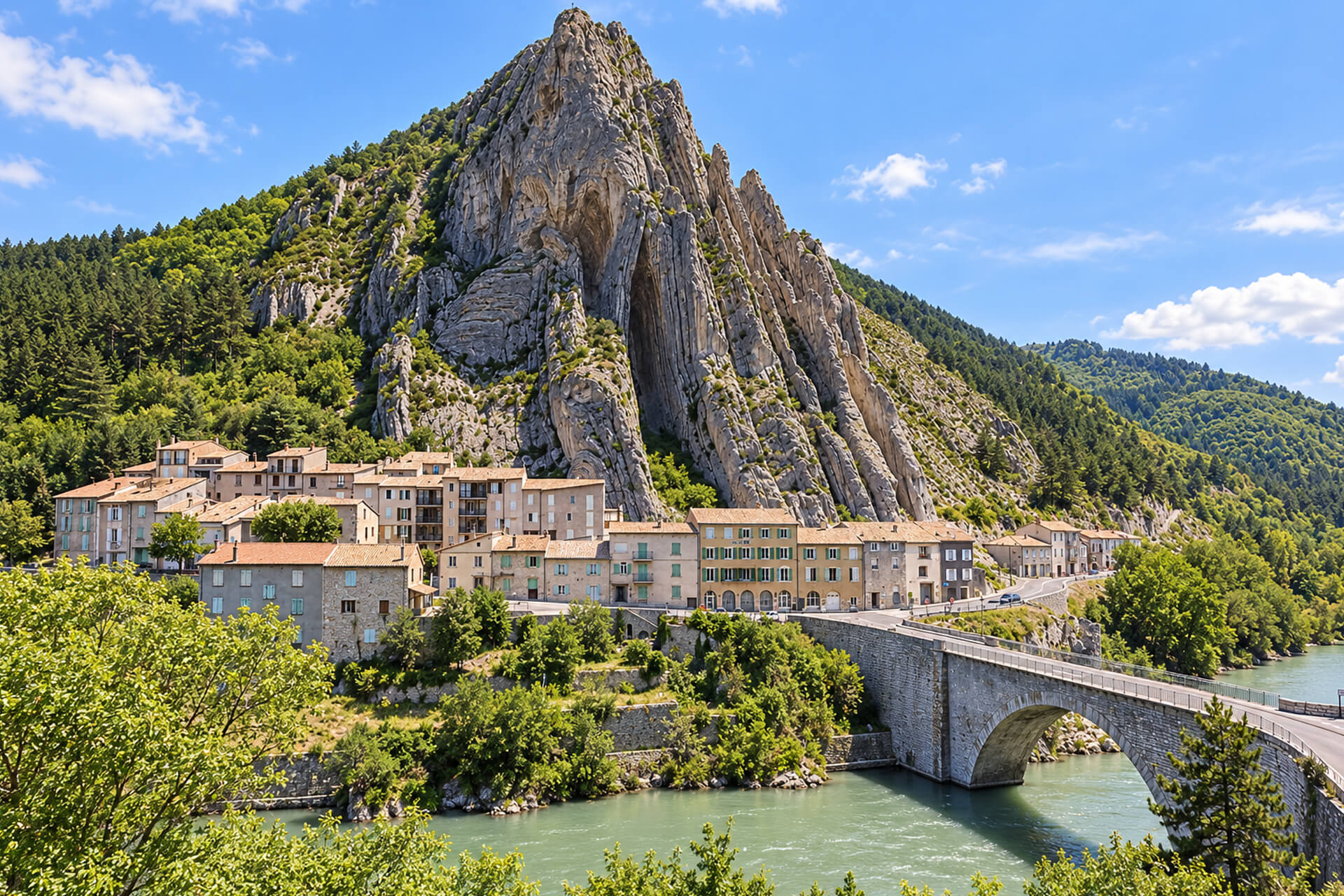 Le rocher de la Baume et ses strates verticales au-dessus de Sisteron et du pont sur la Durance