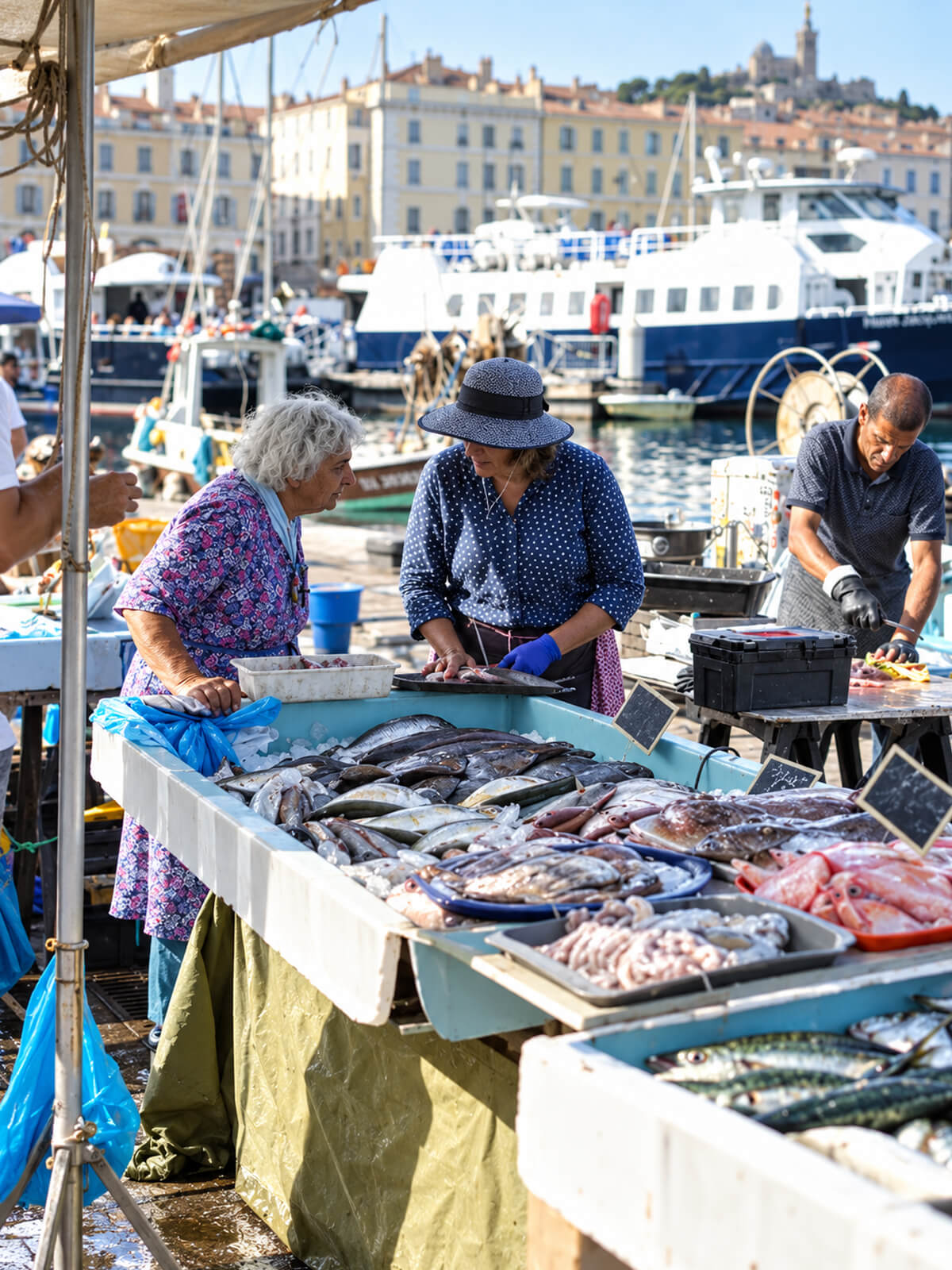 PĂȘcheurs vendant le poisson du jour sur le quai des Belges, Notre-Dame de la Garde en fond