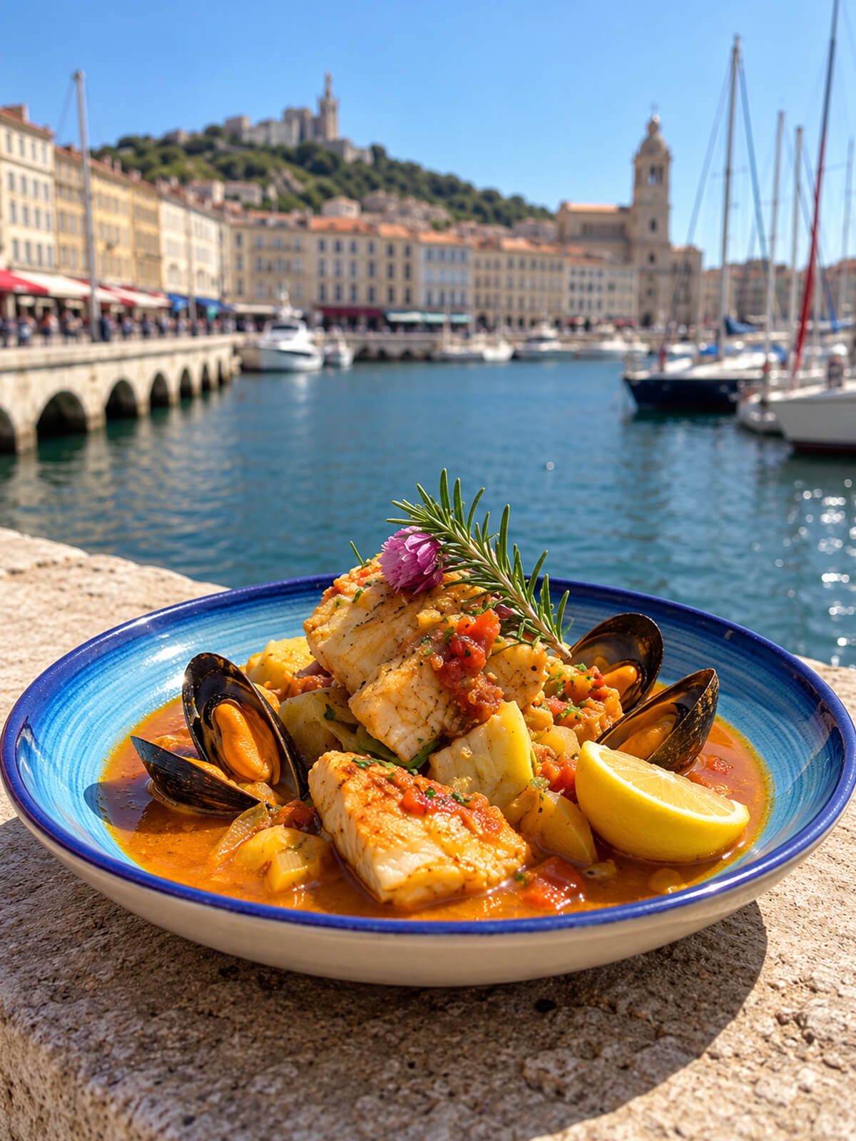Assiette de poisson et moules en sauce safranée sur le quai du Vieux-Port, Notre-Dame en fond